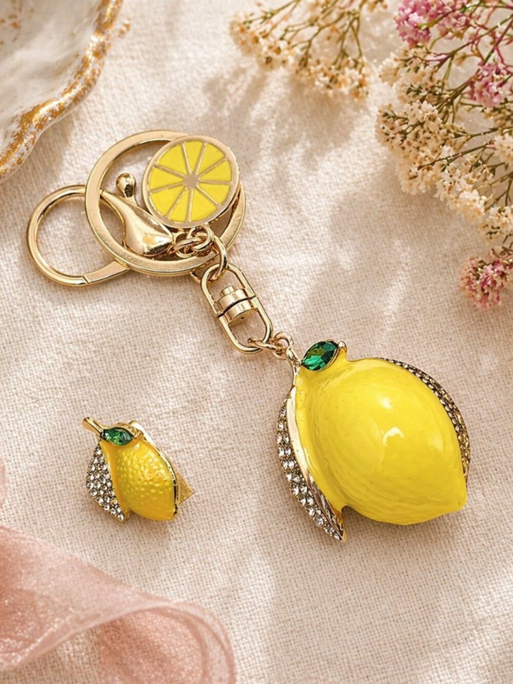 Lemon Keychain + Matching Lemon Pin Set, Yellow Enamel Rhinestone Purse Charm